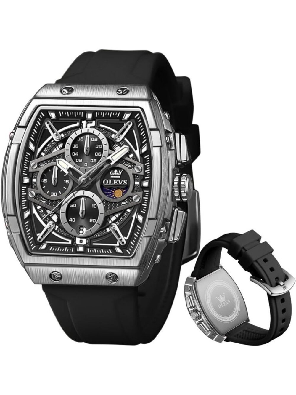 Men's Silver Black Chronograph Big Square Analog Silicone Strap Waterproof Watch